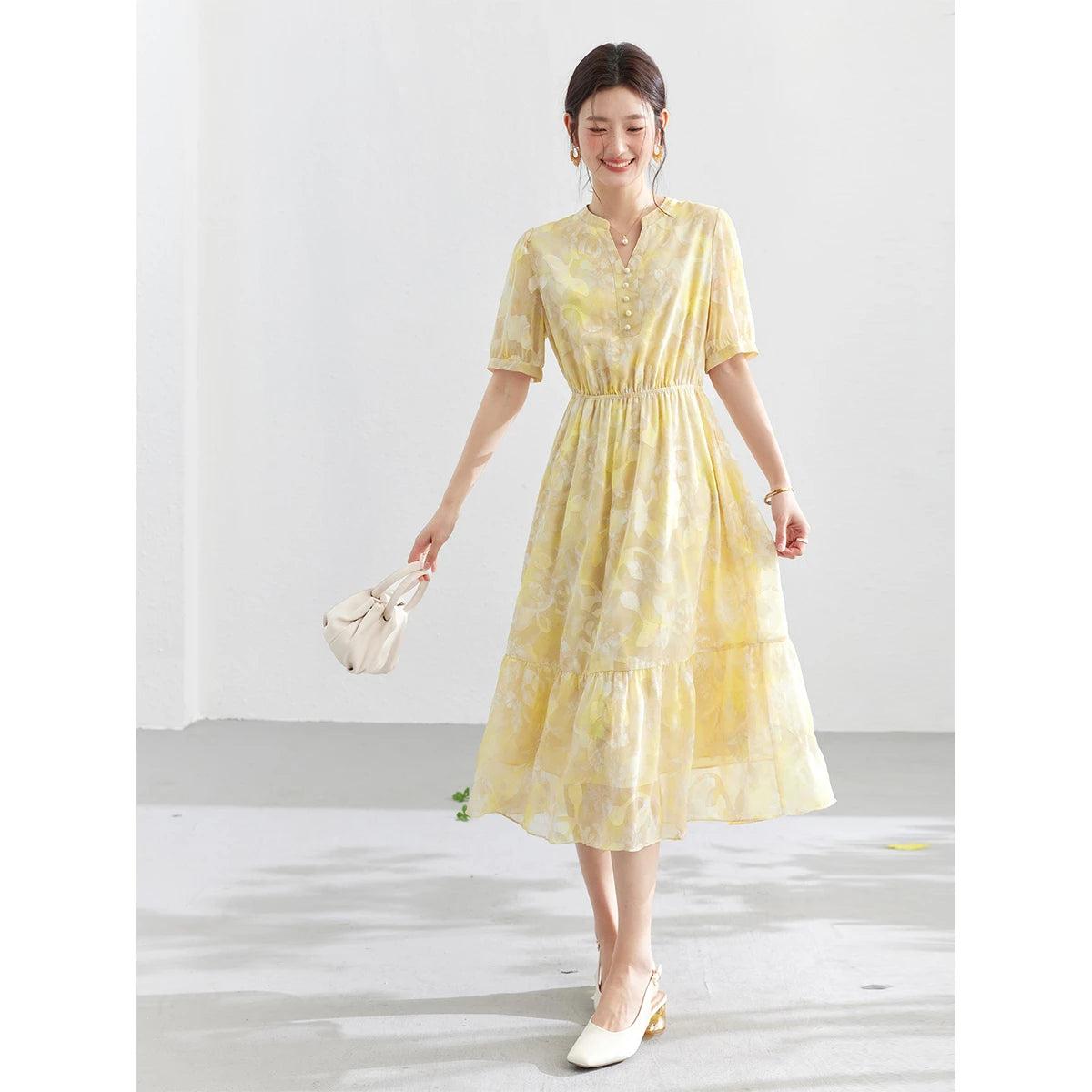 Floral Ruffle-Trim Midi Dress