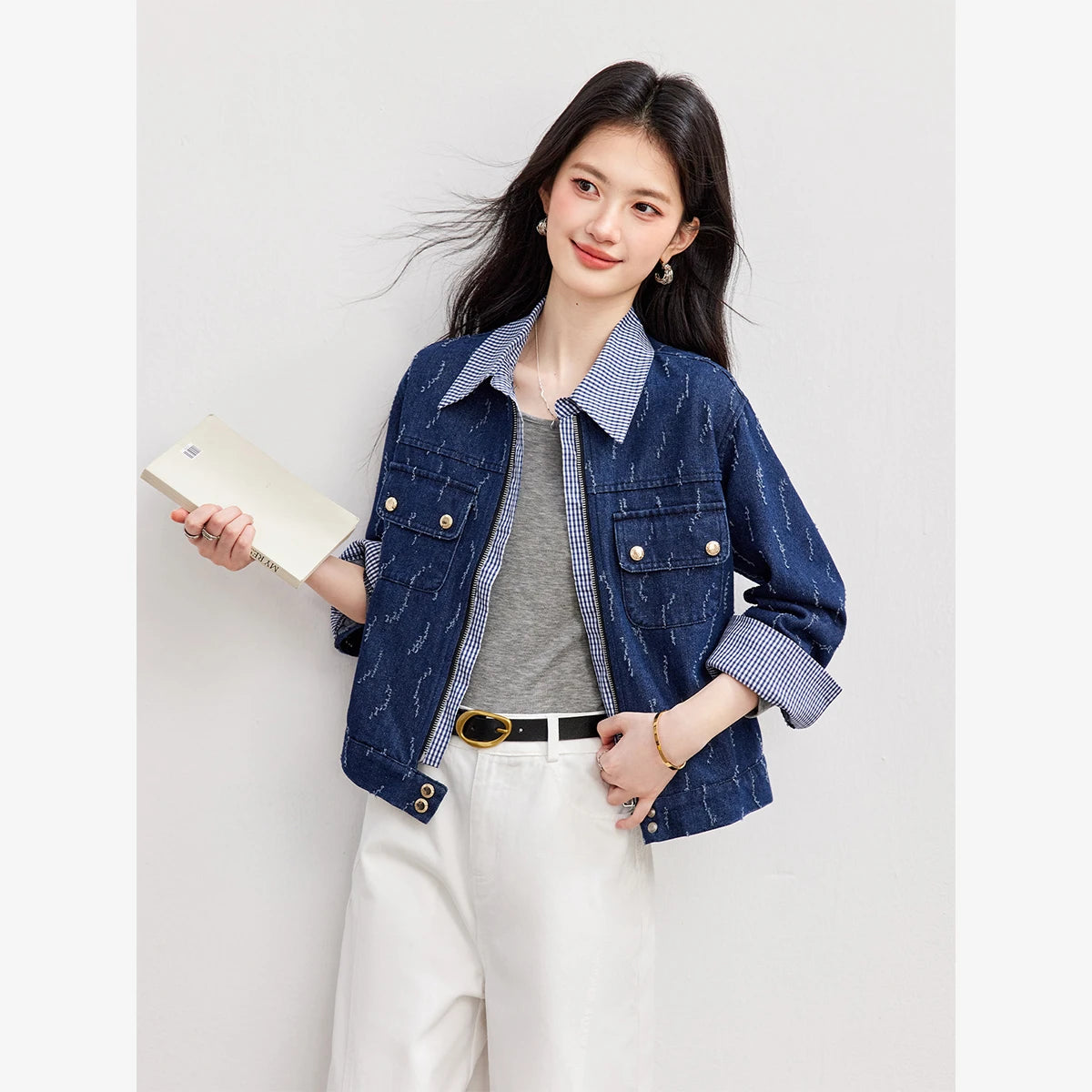 Jacquard-Collar Cropped Denim Jacket