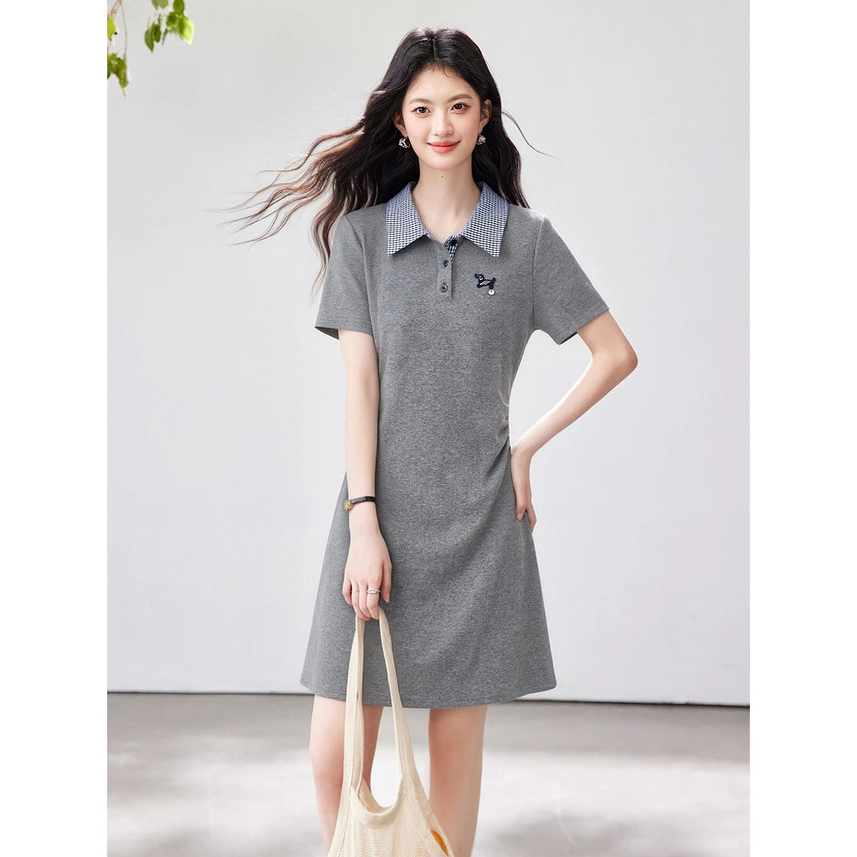 Pleated-Waist Contrast-Collar Polo Dress