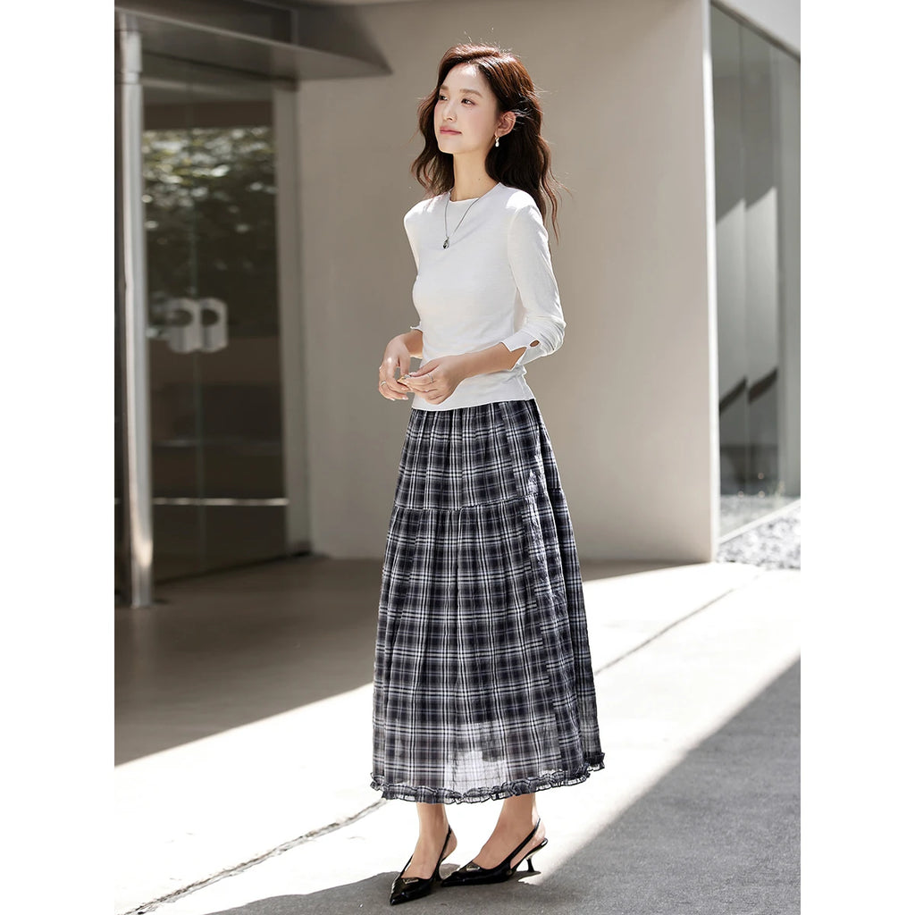Plaid Ruffle-Hem Midi Skirt