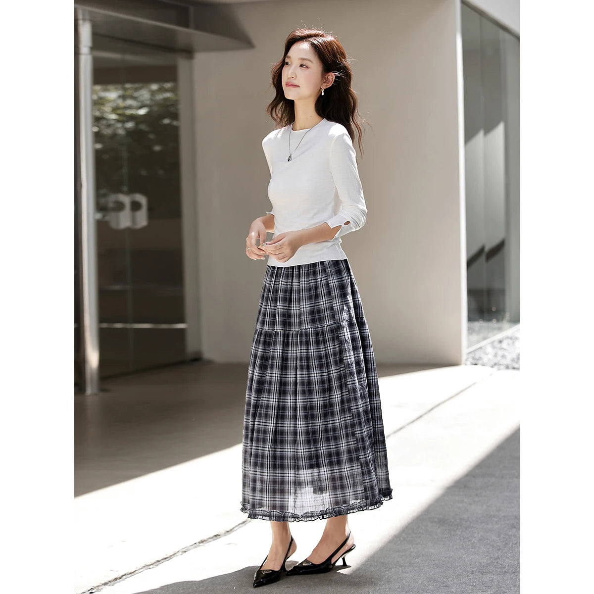 Plaid Ruffle-Hem Midi Skirt