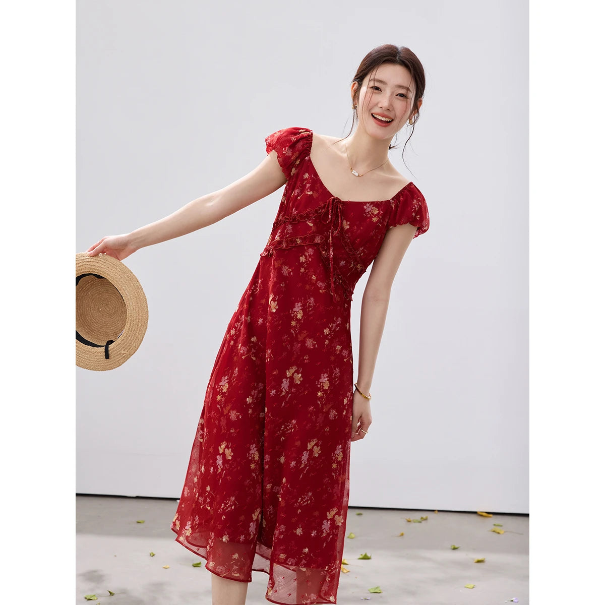 Floral Square-Neck Ruffle Midi Dress