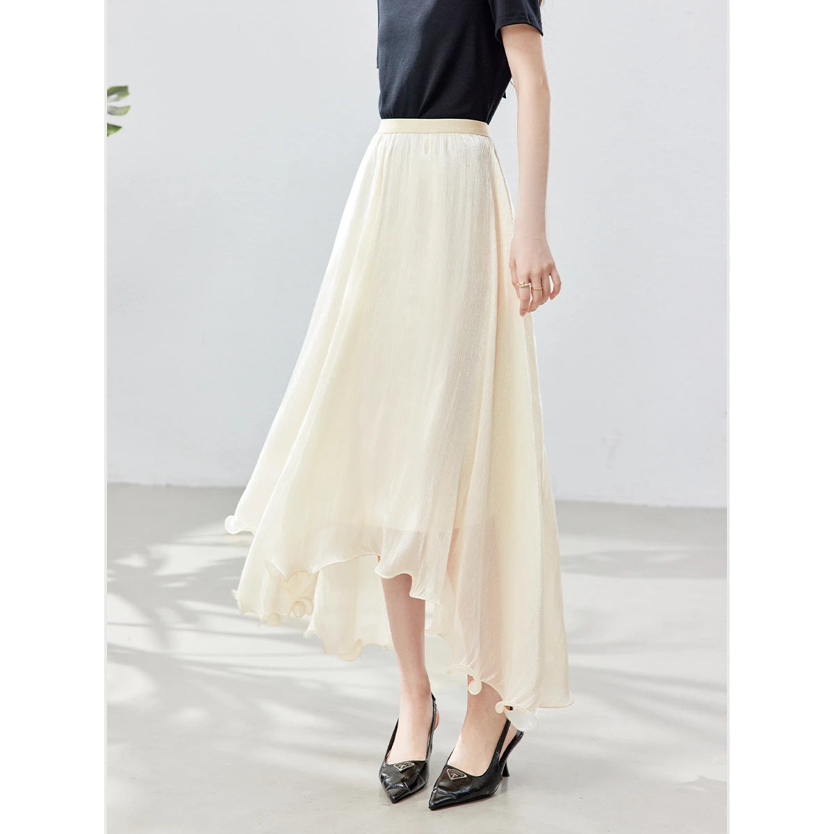 Asymmetric Ruffle-Hem Midi Skirt