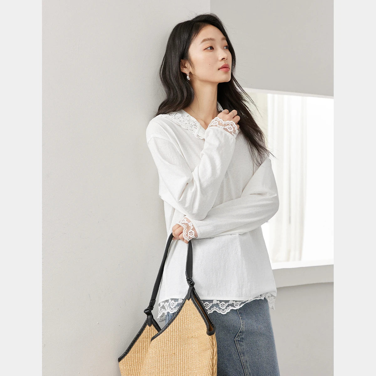 Lace-Trim Hooded Long-Sleeve Top