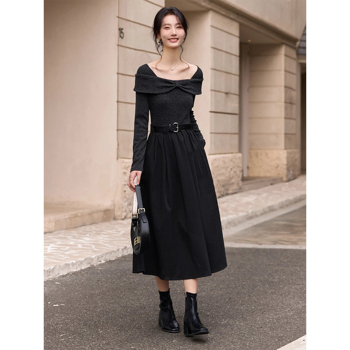 Bow-Collar Belted Midi Dress