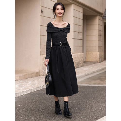 Bow-Collar Belted Midi Dress