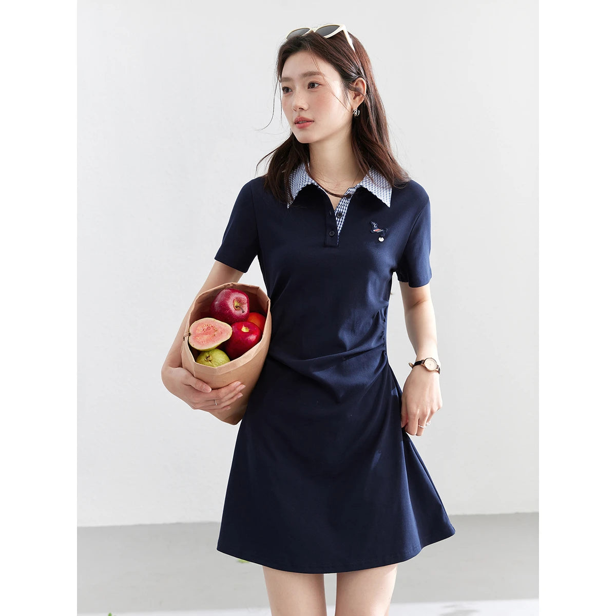 Pleated-Waist Contrast-Collar Polo Dress