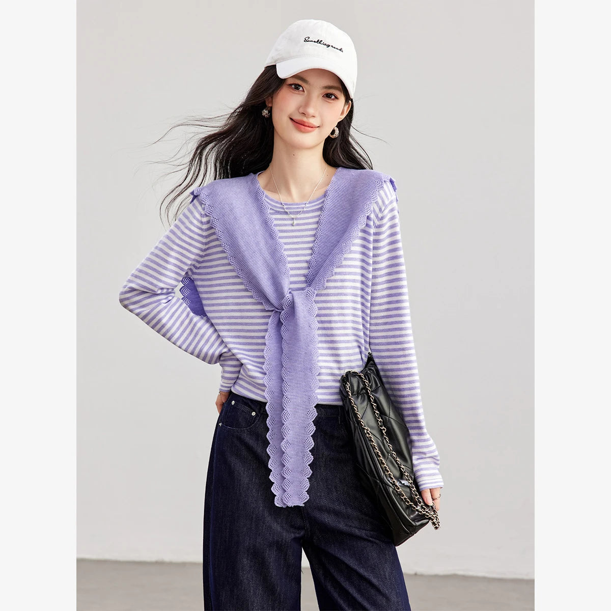 Striped Scarf-Detail Long-Sleeve Top
