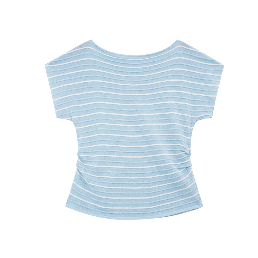 Striped Ruched Dolman-Sleeve Tee