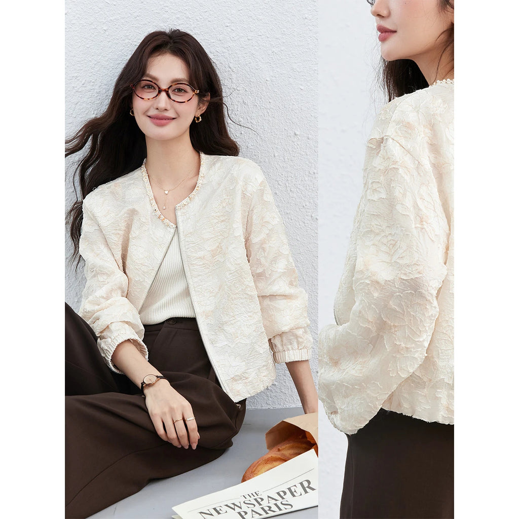 Jacquard Zip-Front Cropped Jacket