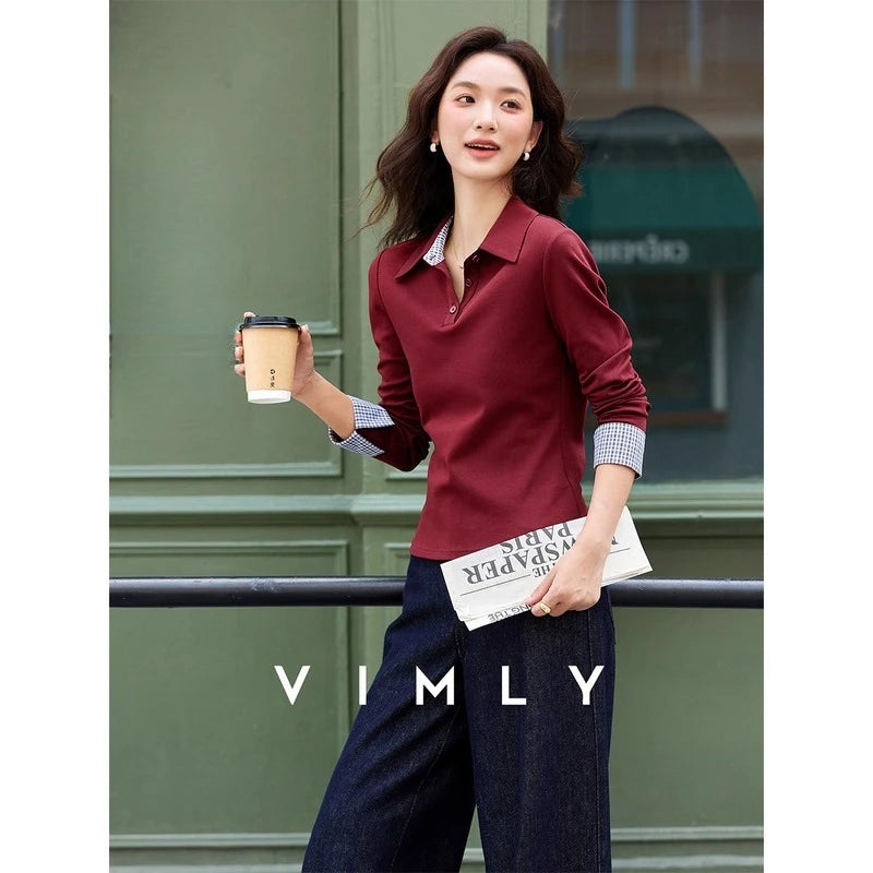 Contrast-Cuff Collared Long-Sleeve Top