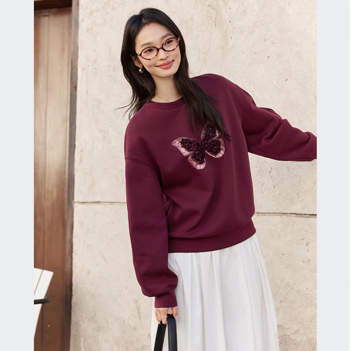Butterfly-Applique Crew-Neck Sweatshirt