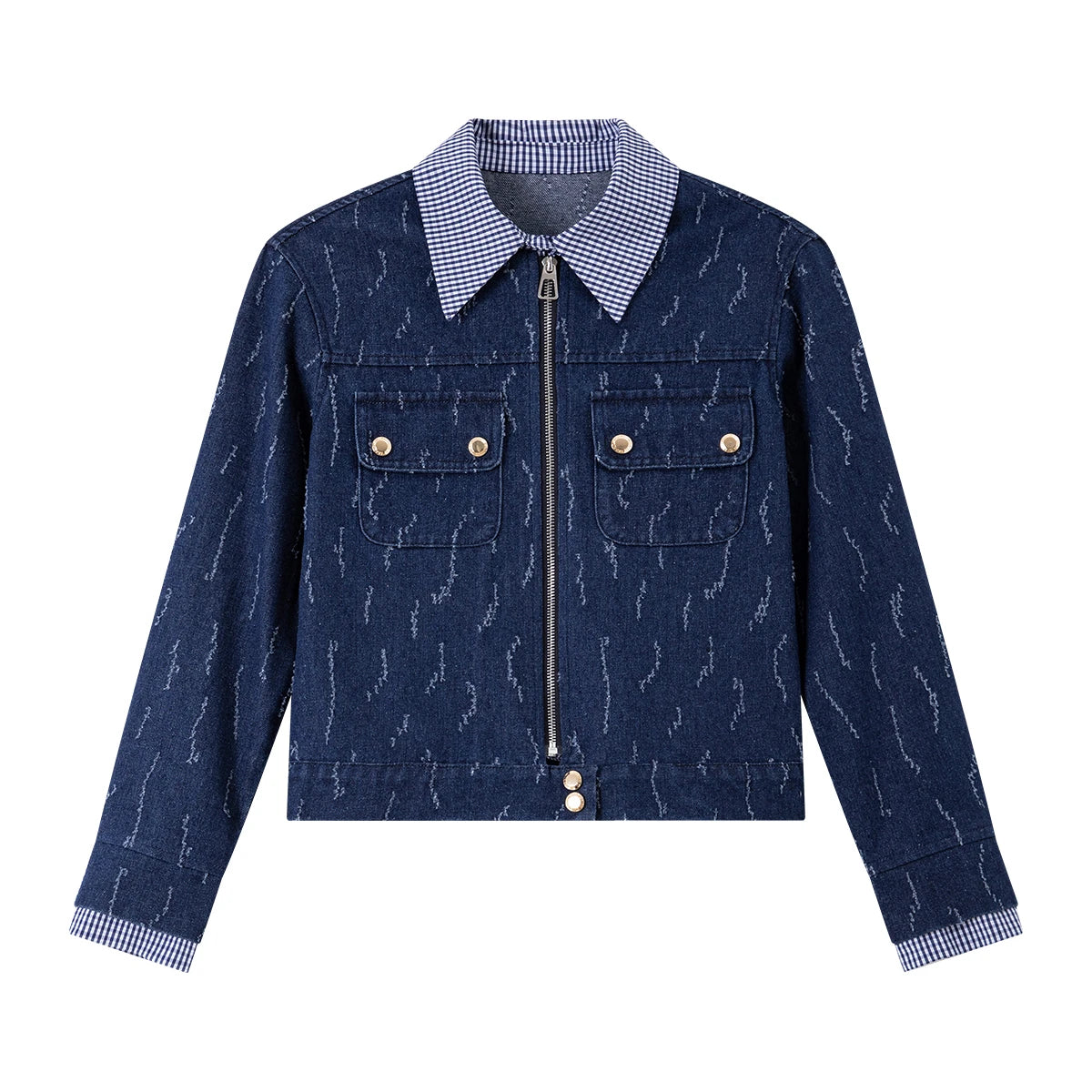 Jacquard-Collar Cropped Denim Jacket