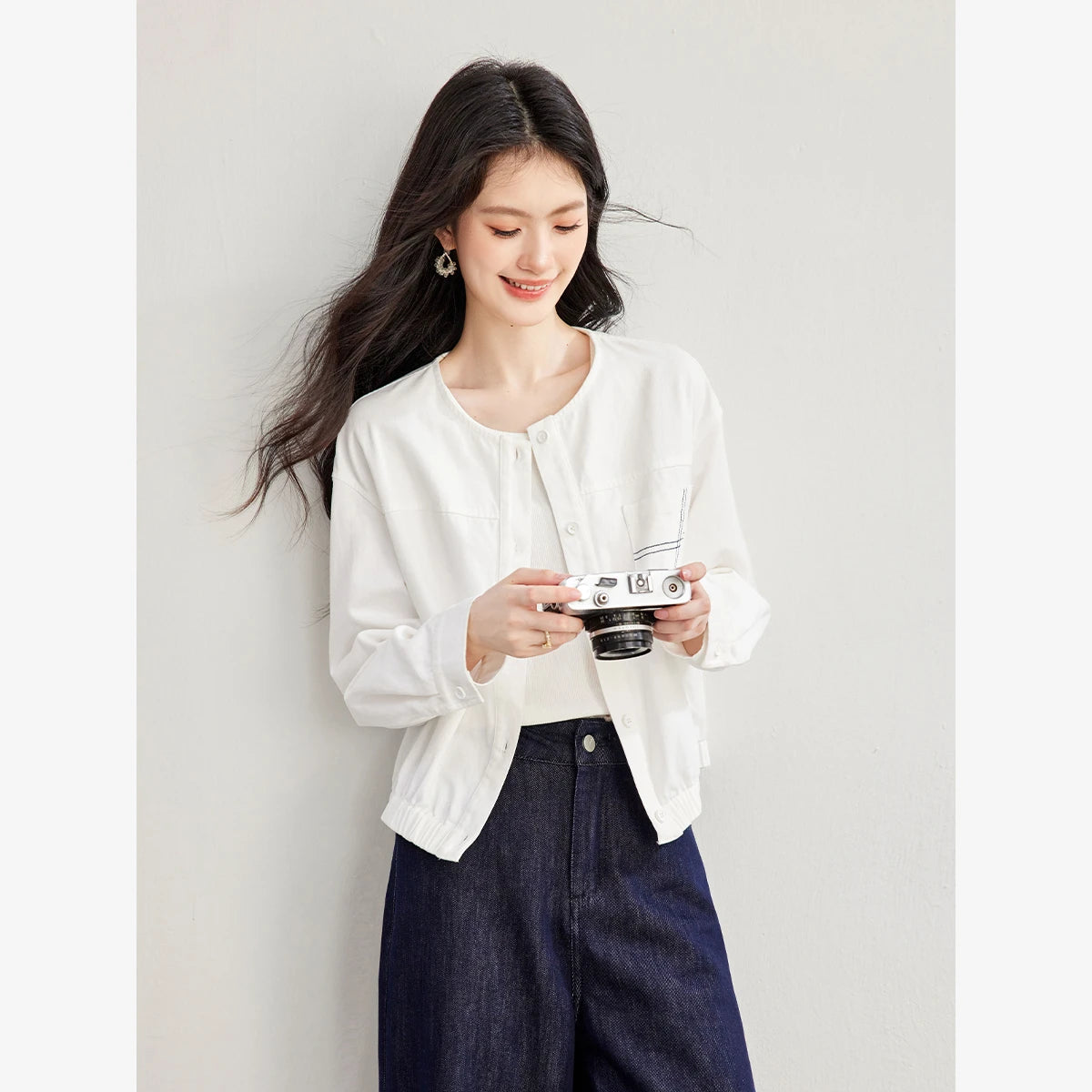 Cropped Drawstring-Hem Collarless Jacket