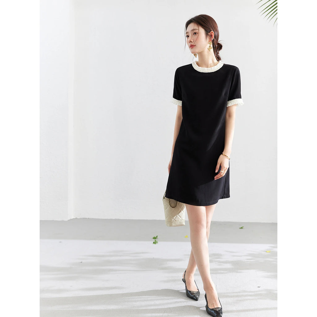 Contrast-Trim Short-Sleeve Mini Dress