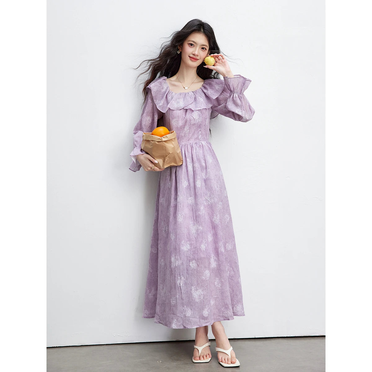 Floral Ruffle-Collar Midi Dress
