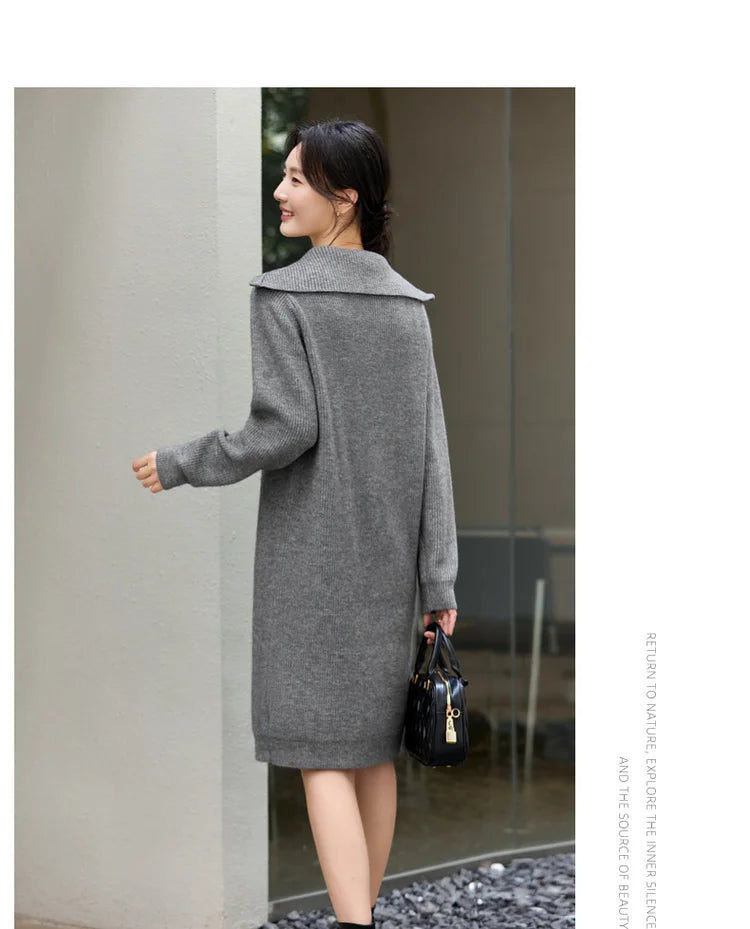 Half-Zip Collared Knit Midi Dress