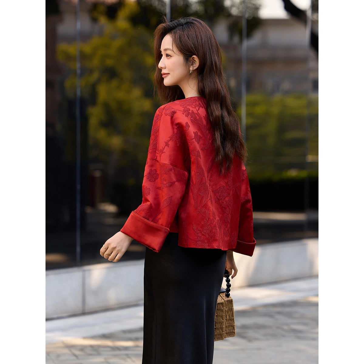 Jacquard Frog-Button Cropped Jacket