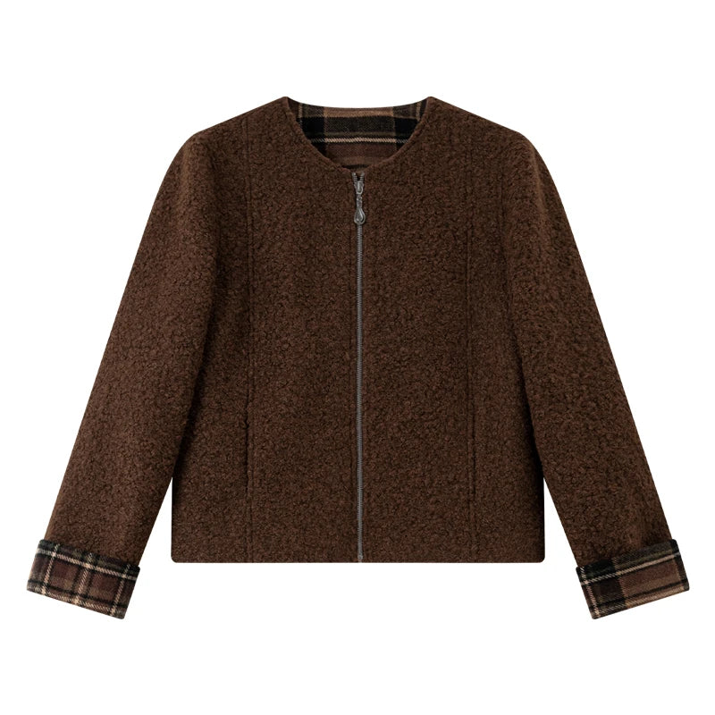 Plaid-Cuff Zip-Front Collarless Jacket