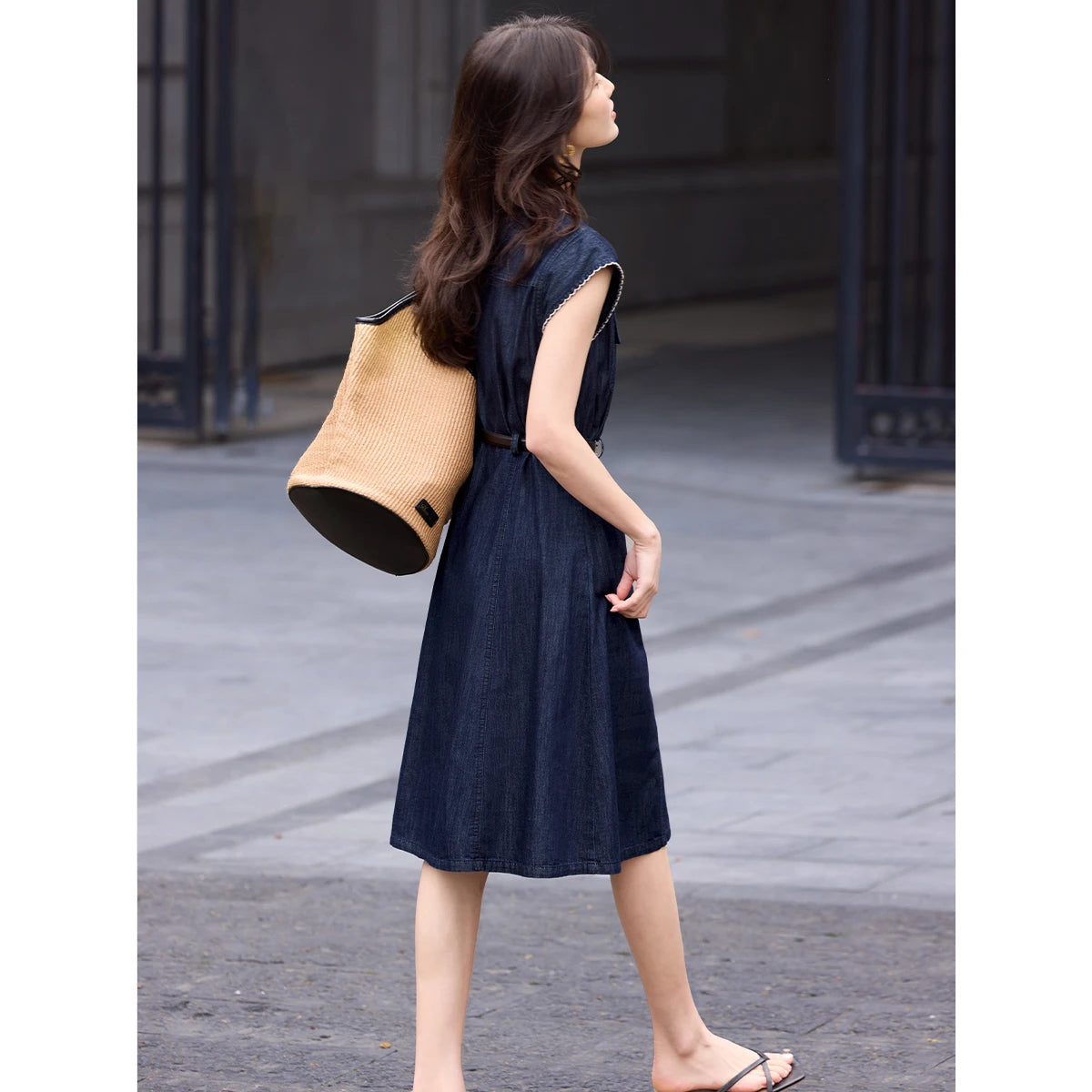Sleeveless Belted Denim Shirt Dress