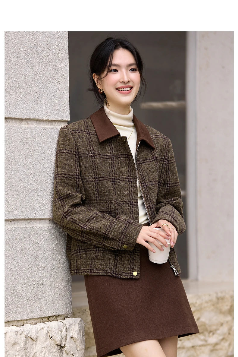 Plaid Contrast-Collar Cropped Jacket
