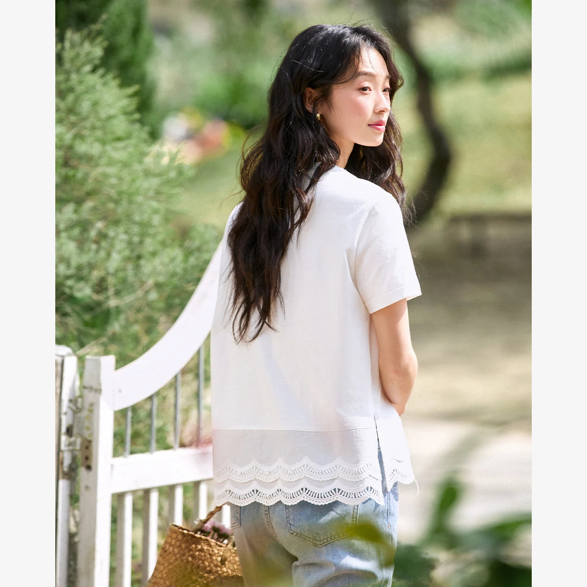 Lace-Hem Crew-Neck Tee