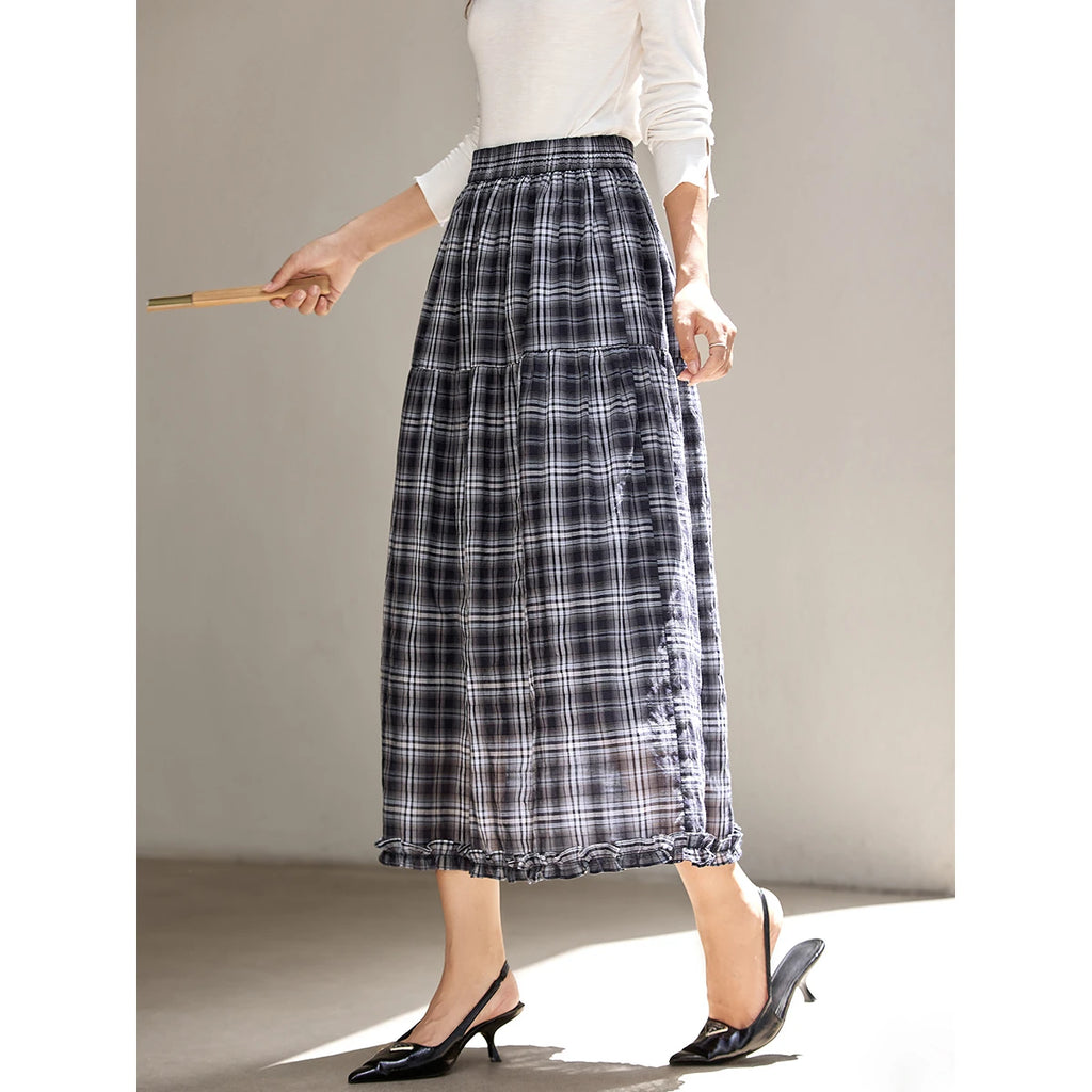 Plaid Ruffle-Hem Midi Skirt
