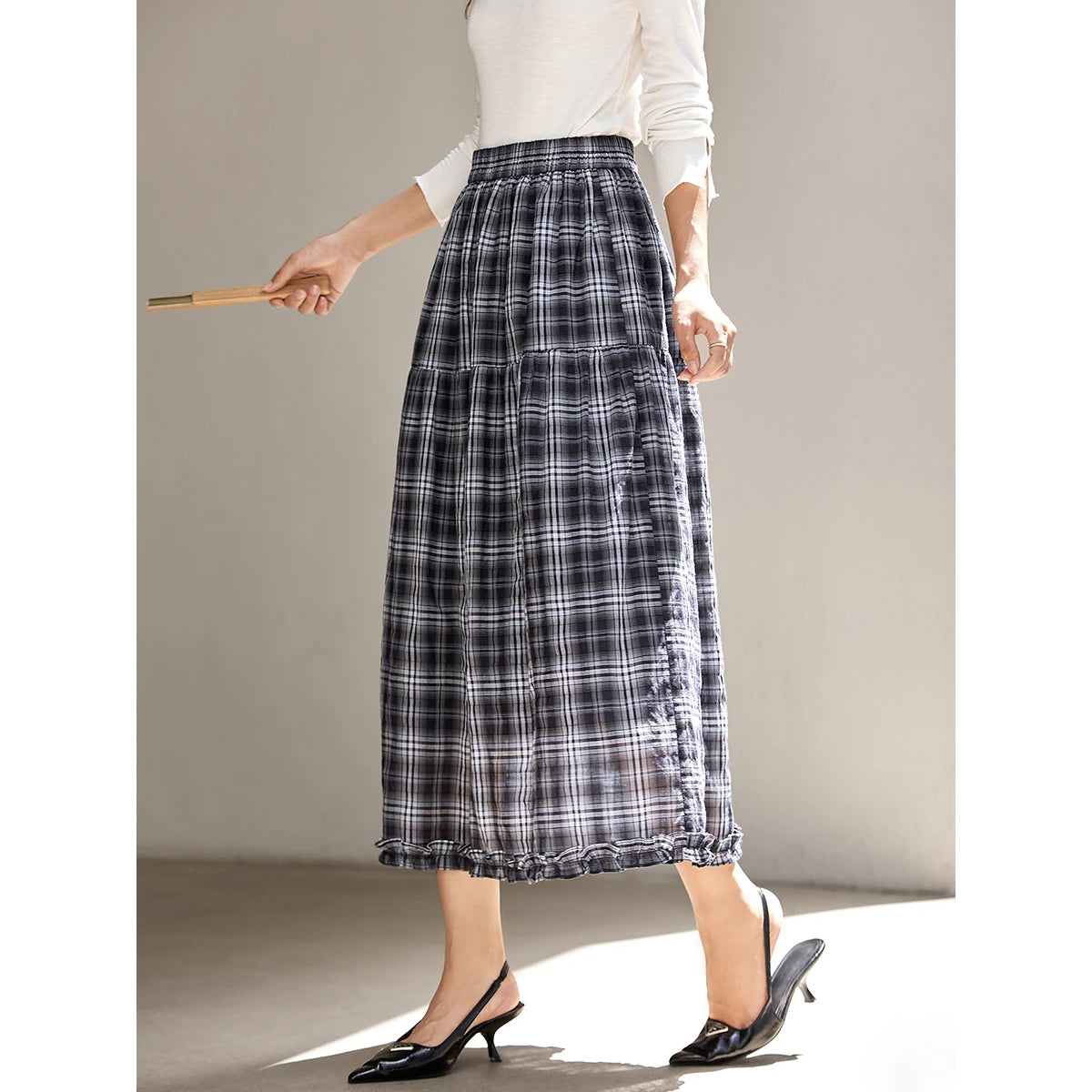 Plaid Ruffle-Hem Midi Skirt