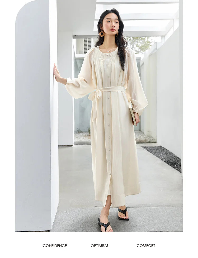 Lace-Up Balloon-Sleeve Midi Dress