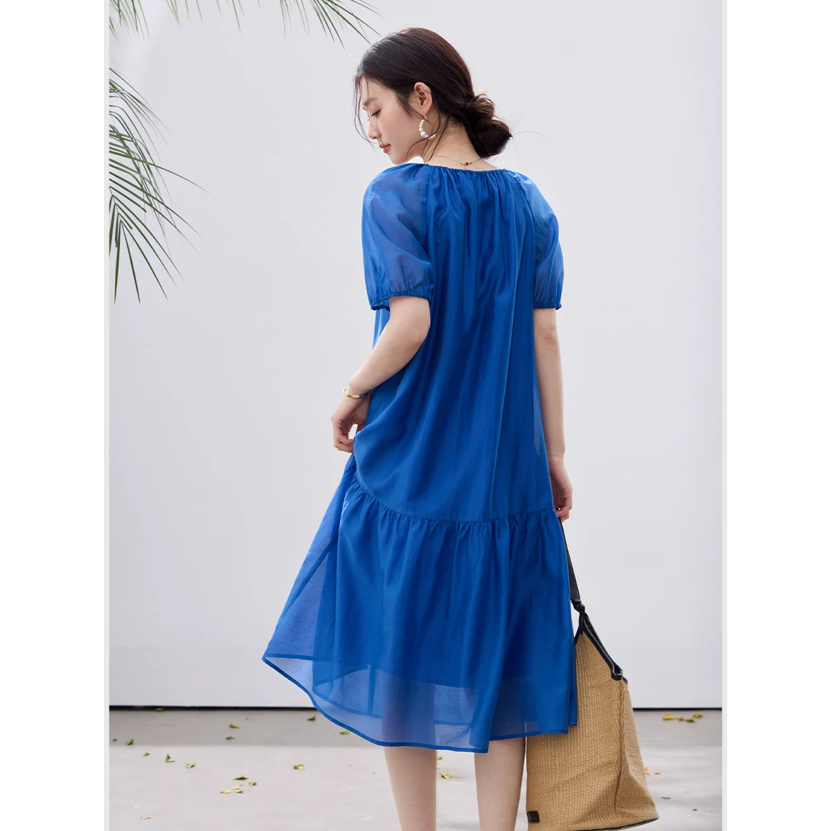 Belted Puff-Sleeve Midi Dress