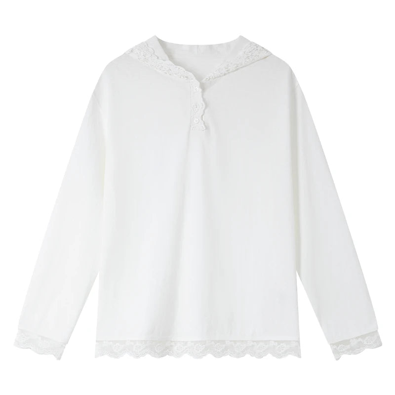 Lace-Trim Hooded Long-Sleeve Top