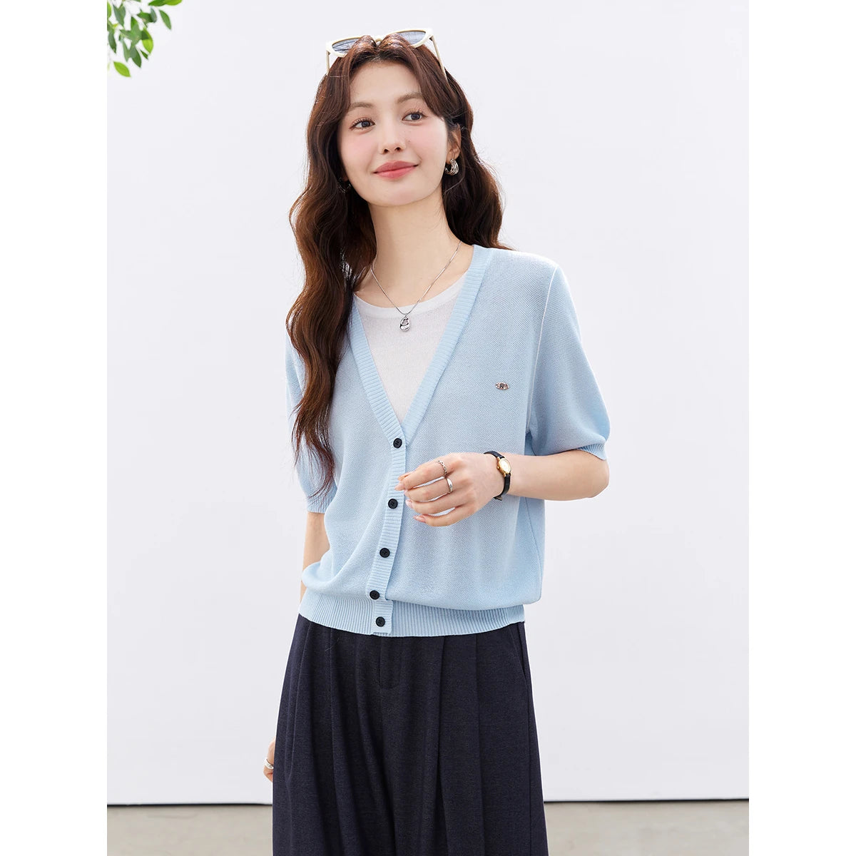 Layered V-Neck Button-Front Knit Top