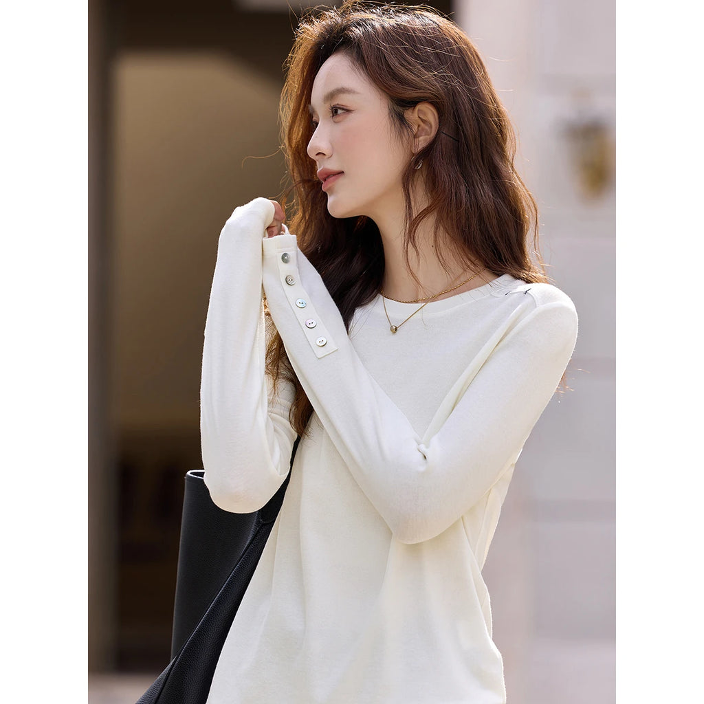 Button-Cuff Crew-Neck Long-Sleeve Tee