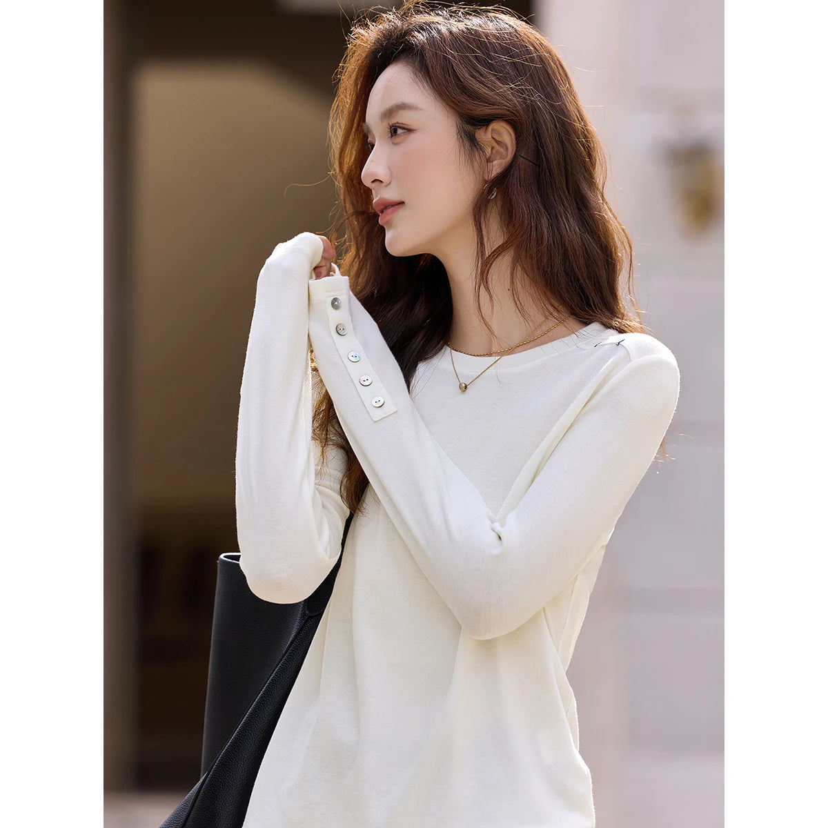 Button-Cuff Crew-Neck Long-Sleeve Tee