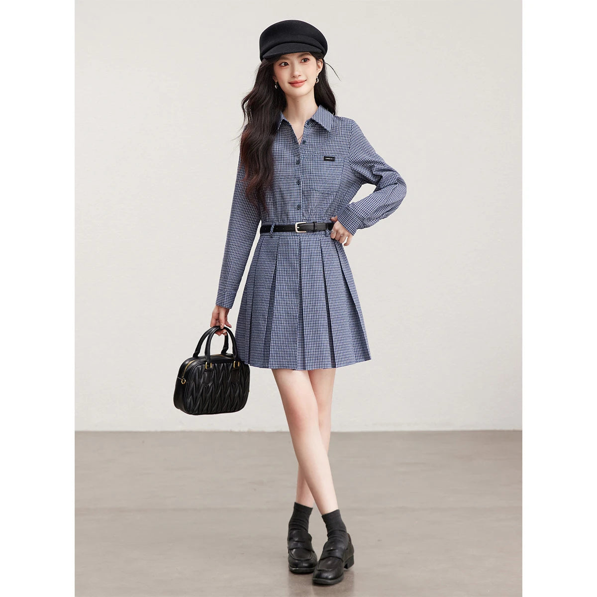 Belted Plaid Pleated Mini Dress