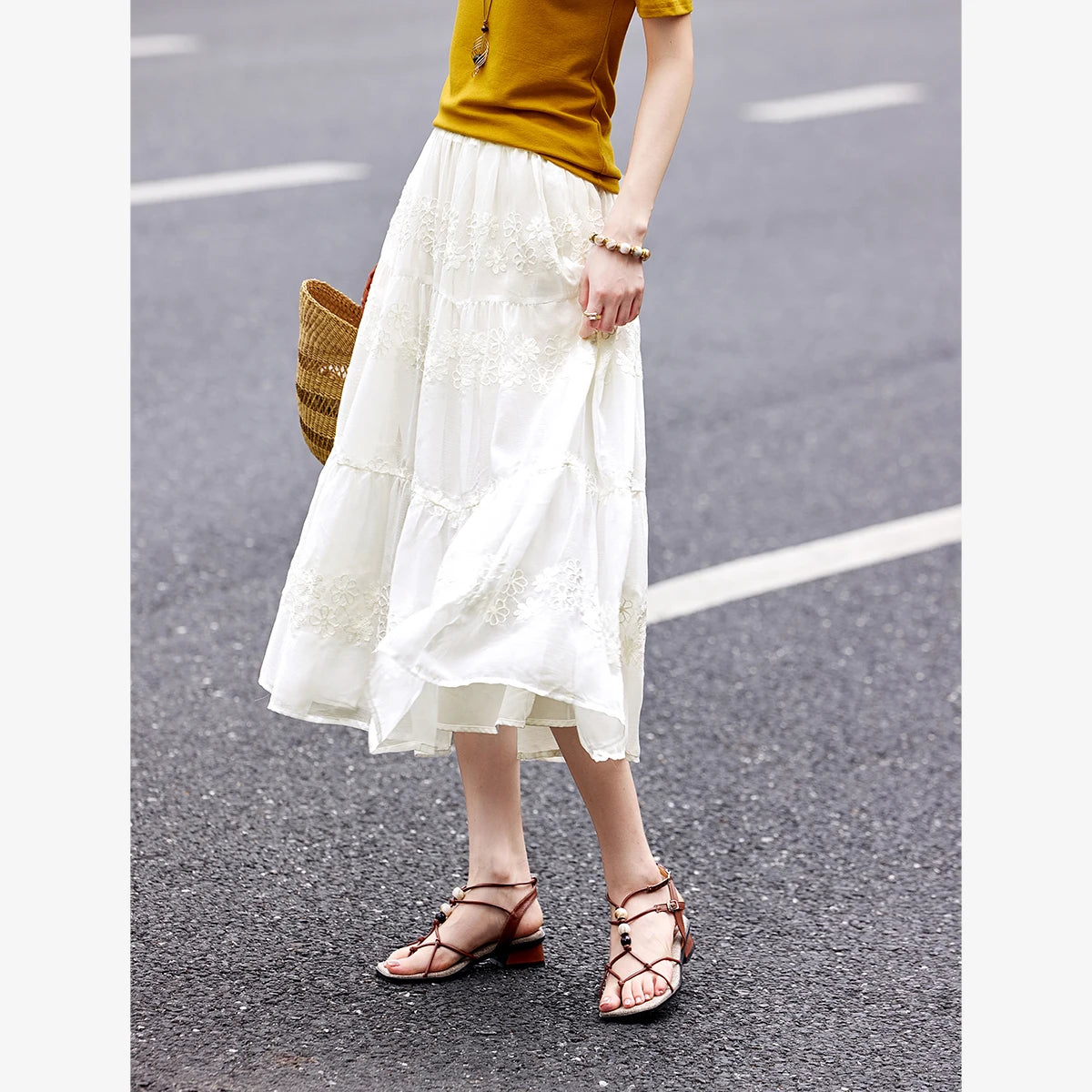 Embroidered Tiered Midi Skirt