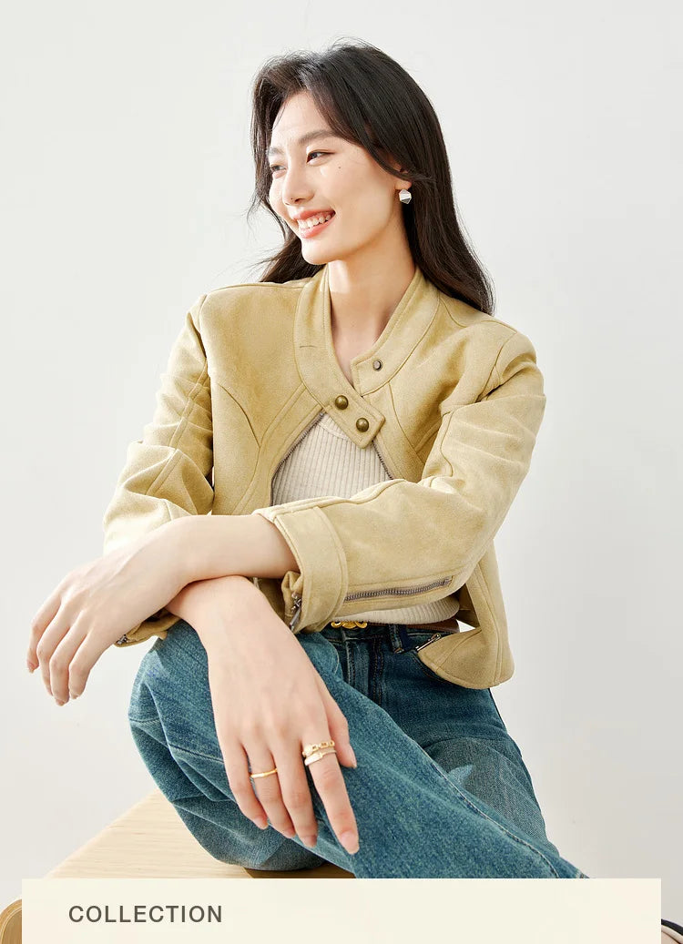 Zip-Front Collarless Cropped Jacket