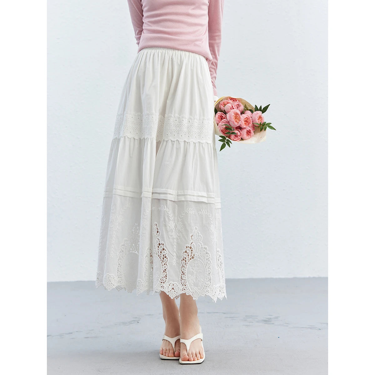 Eyelet-Hem Tiered Midi Skirt