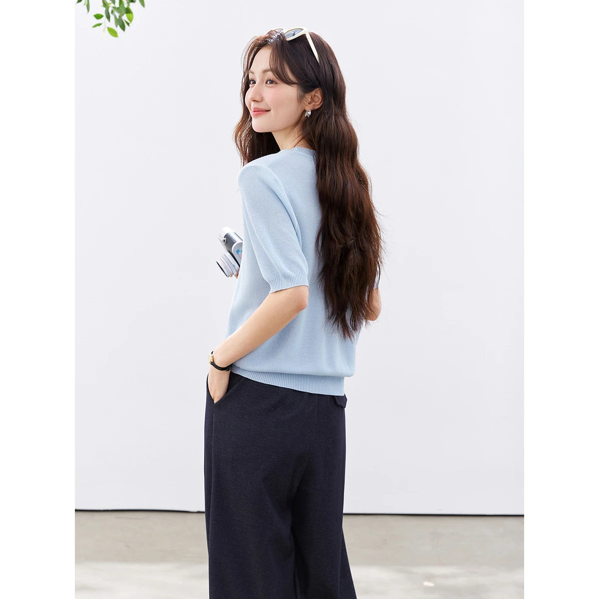 Layered V-Neck Button-Front Knit Top