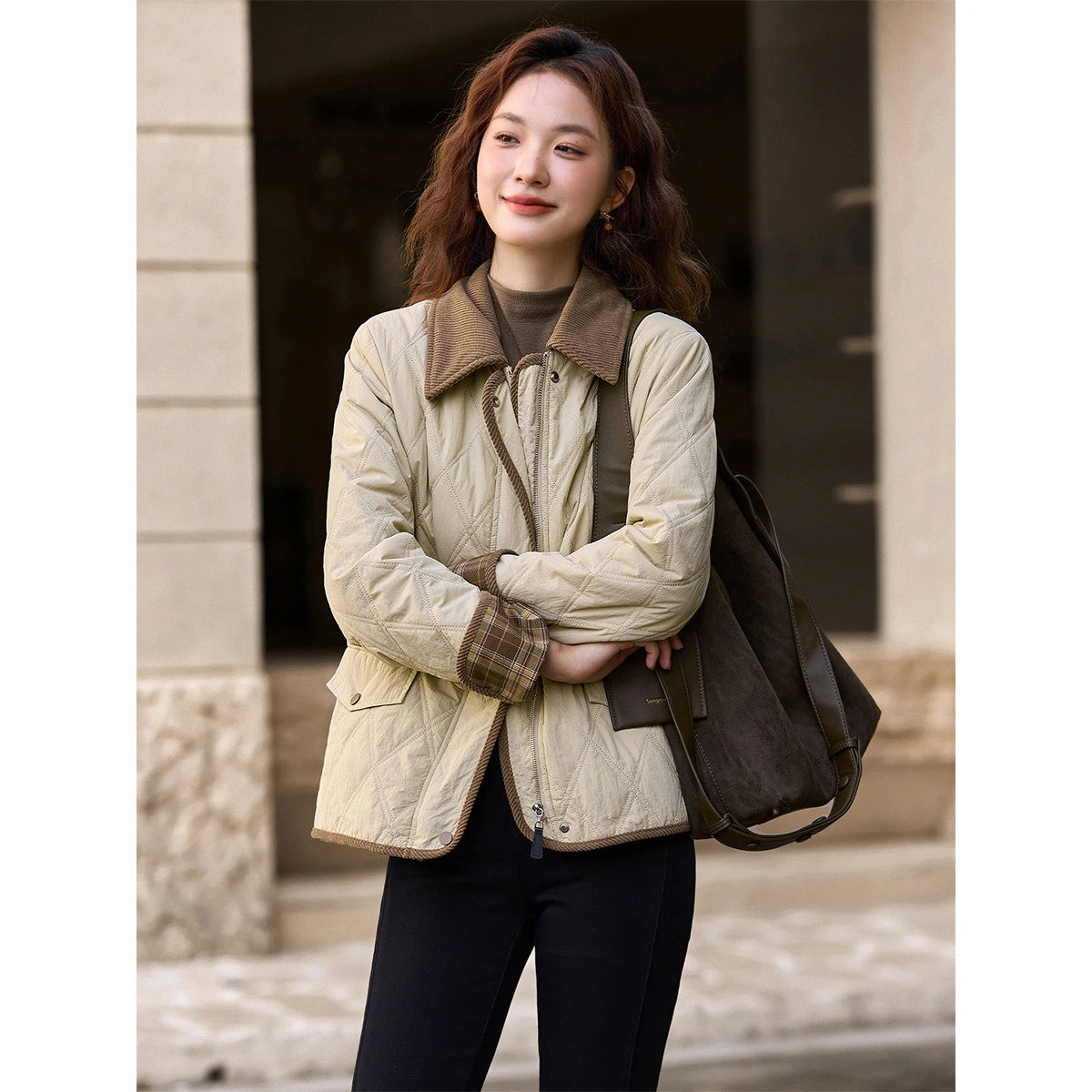 Contrast-Collar Quilted Utility Jacket