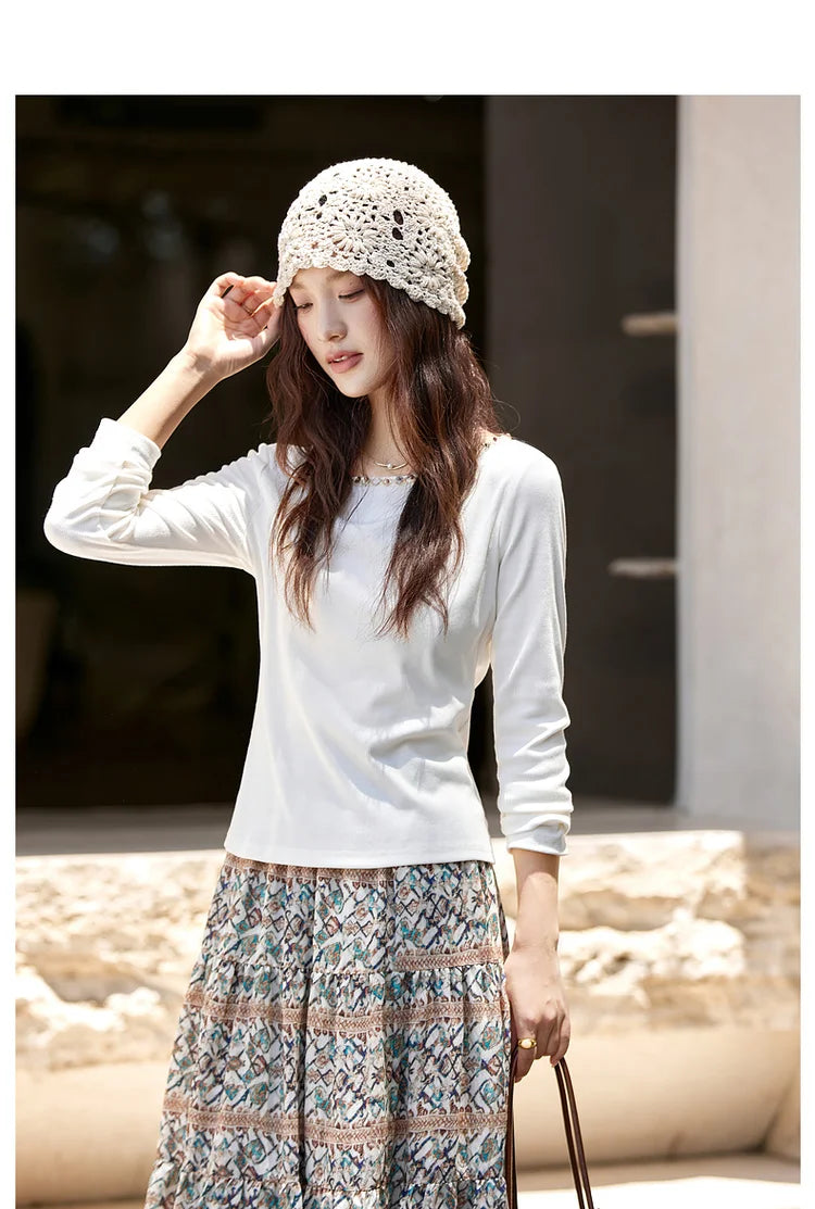 Beaded Boat-Neck Long-Sleeve Tee