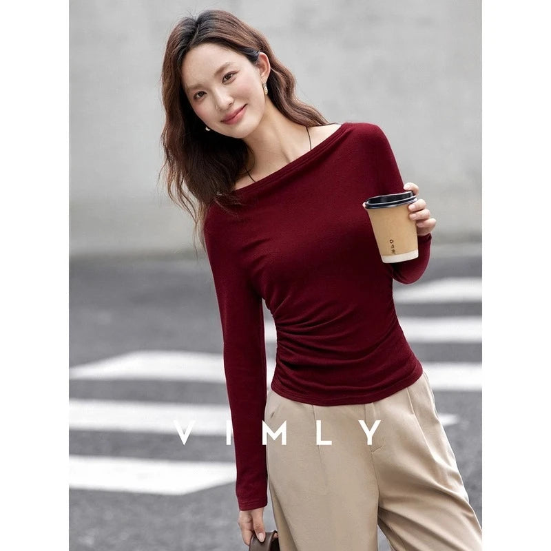 Ruched-Side Boat-Neck Long-Sleeve Top