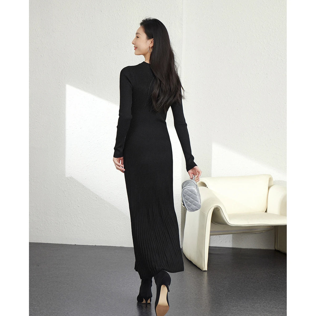 Ribbed Crew-Neck Knit Midi Dress
