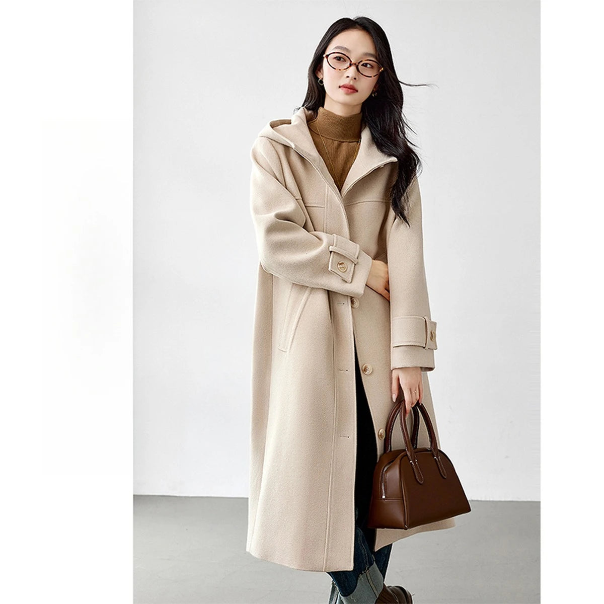 Hooded Button-Front Long Coat