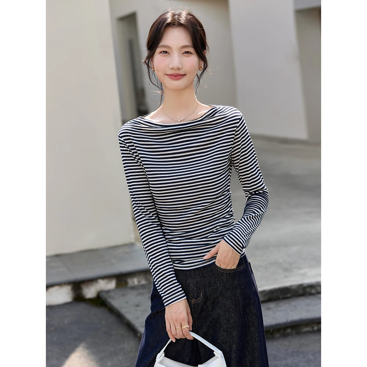 Ruched-Side Boat-Neck Long-Sleeve Top
