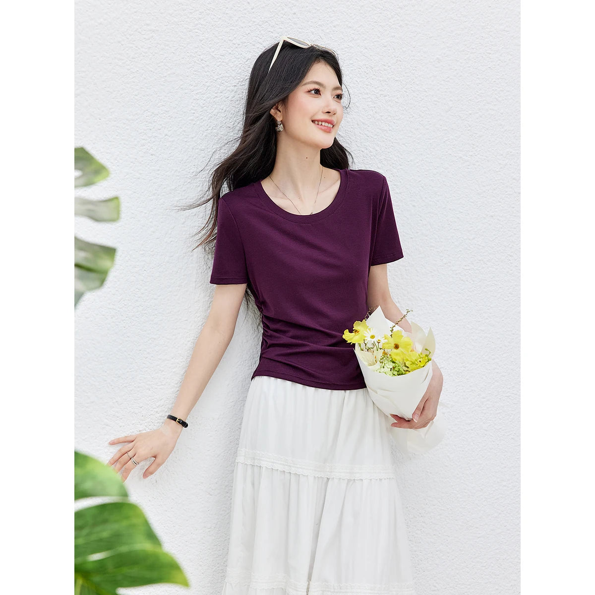 Ruched-Waist Crew-Neck Tee