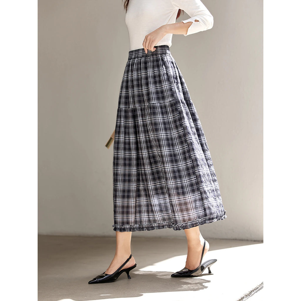 Plaid Ruffle-Hem Midi Skirt