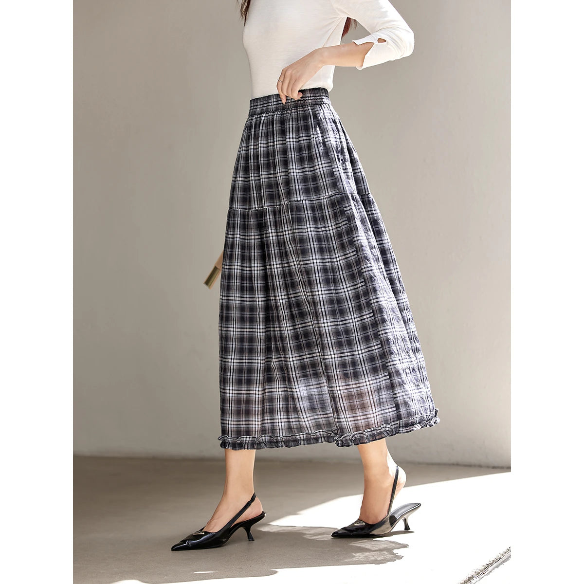 Plaid Ruffle-Hem Midi Skirt