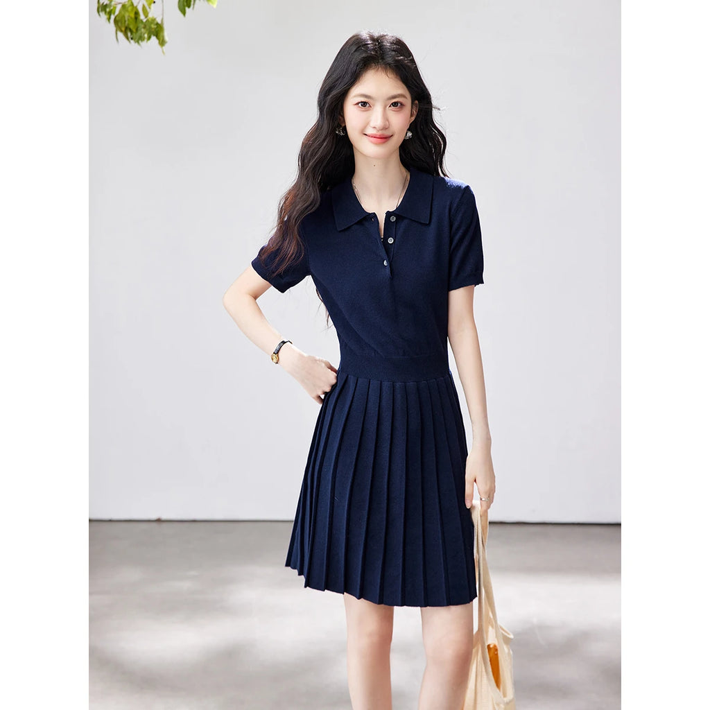 Polo-Collar Pleated Mini Dress