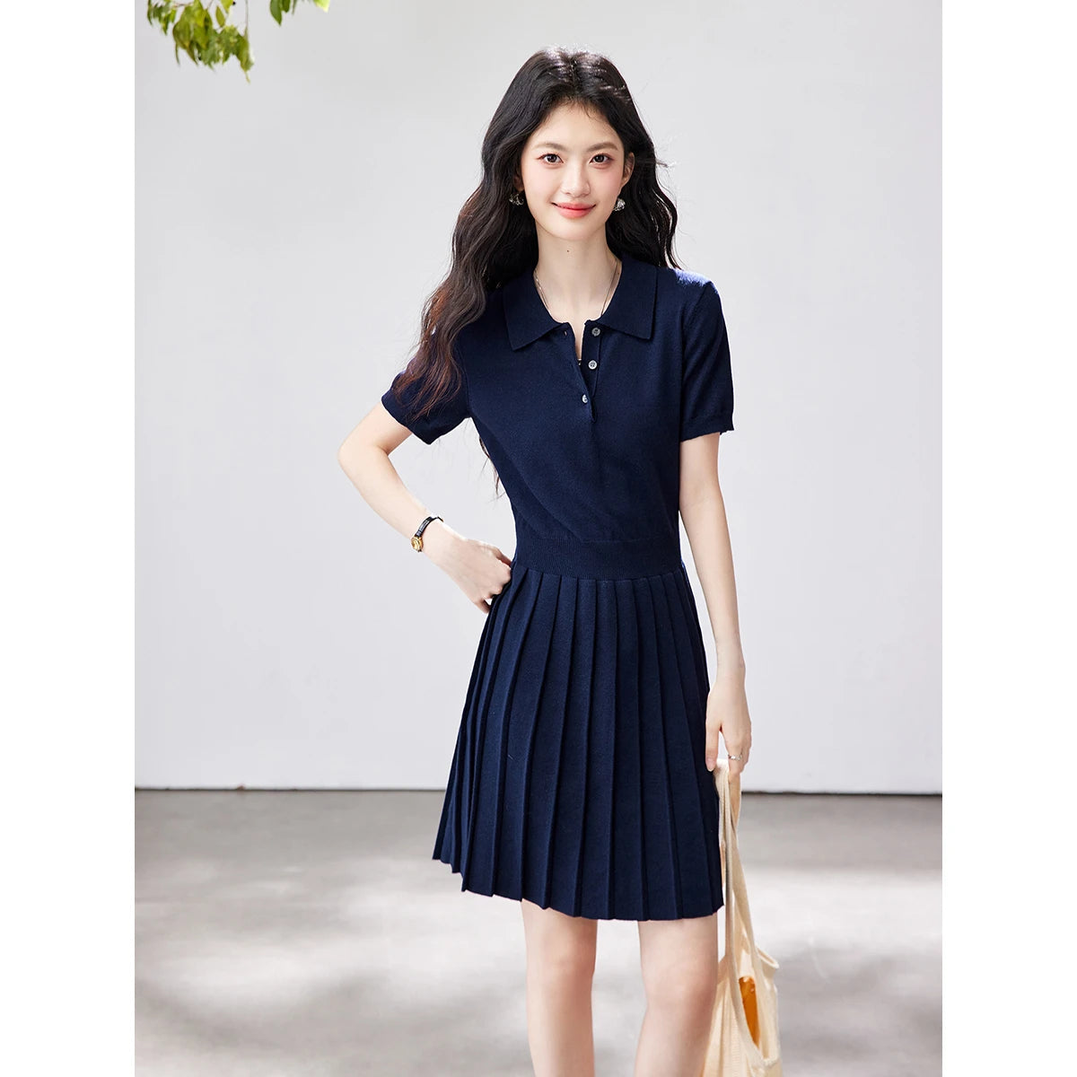 Polo-Collar Pleated Mini Dress